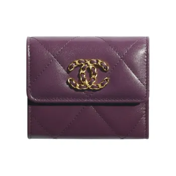 CHANEL 19Bag Sheepskin Card Holder, Wallet Trumpets Women's Purple