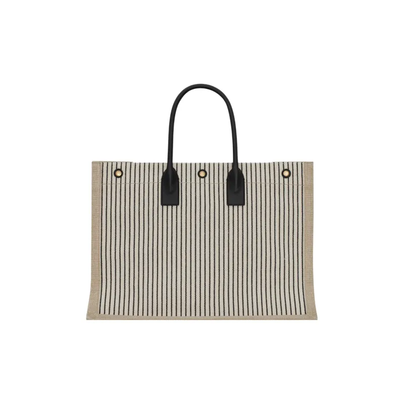 SAINT LAURENT Rive Gauche Fabric With Cow Leather Tote Bag, Shopping Bag, Handbag Unisex Cream Gray/Black-2