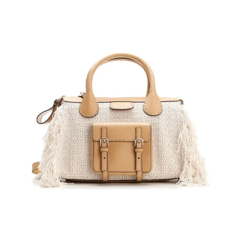 Chloe Edith Recycled Knit Cotton Patchwork Buffalo Leather Handbag One Shoulder Handbag Medium Size Women's Brown