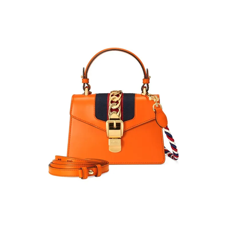 GUCCI Sylvie Leather Shoulder Bag Crossbody Bag Handbag Mini Women's Orange-1