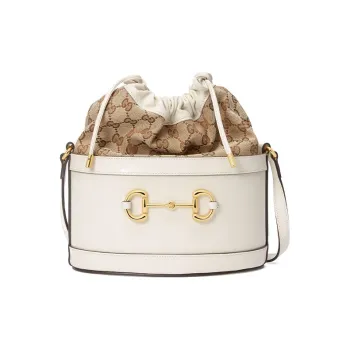 GUCCI Horsebit 1955 Canvas With Leather Bucket Bag, Portable Crossbody Bag, Shoulder Bag Women's White