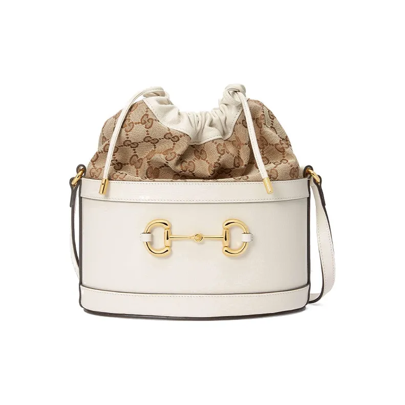 GUCCI Horsebit 1955 Canvas With Leather Bucket Bag, Portable Crossbody Bag, Shoulder Bag Women's White-0