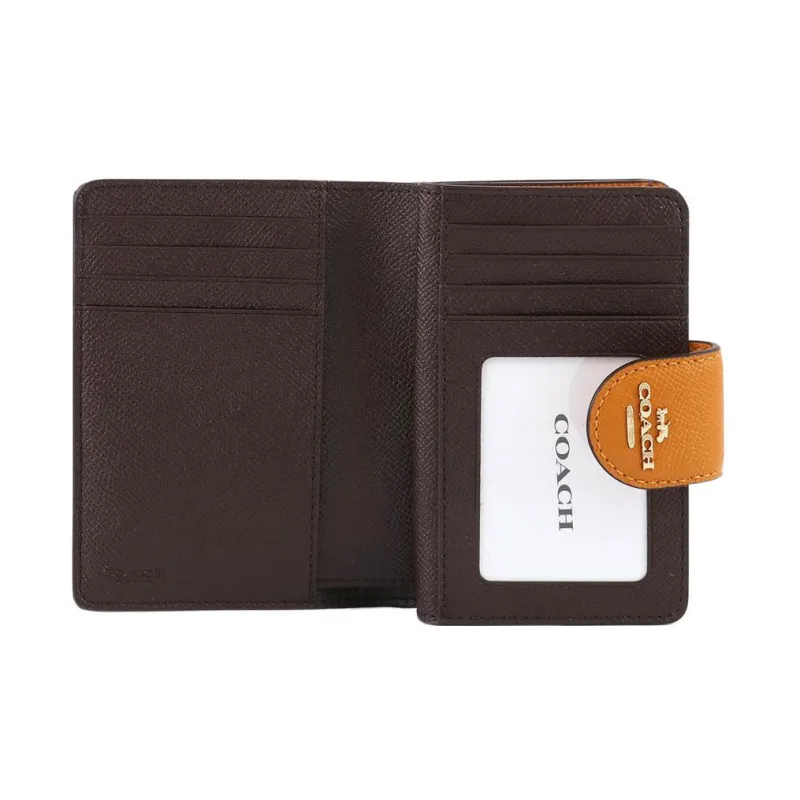 COACH Corner Zip Solid Color Cross Grain Leather Snap Closure Foldable Wallet Mini Women's Candy Orange-2