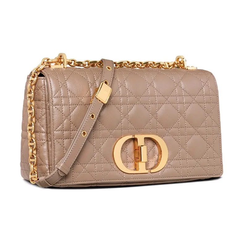DIOR Caro Wicker Pattern Cow Leather Shoulder Bag Crossbody Bag Medium Size Women's Warm Taupe Gray-1