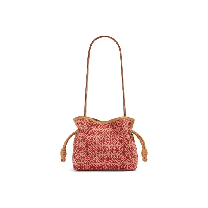 LOEWE Flamenco Jacquard Fabric With Calfskin Drawstring Bag Clutch Mini Women's Red/Desert Brown-4