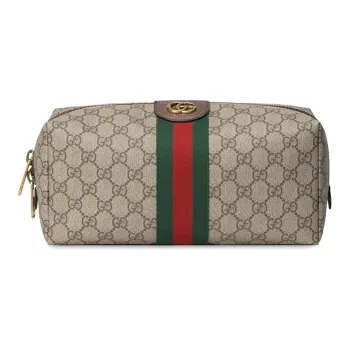 GUCCI Ophidia Canvas With Leather Makeup Bag, Toiletry Bag, Clutch Medium Size Unisex Ebony/Brown