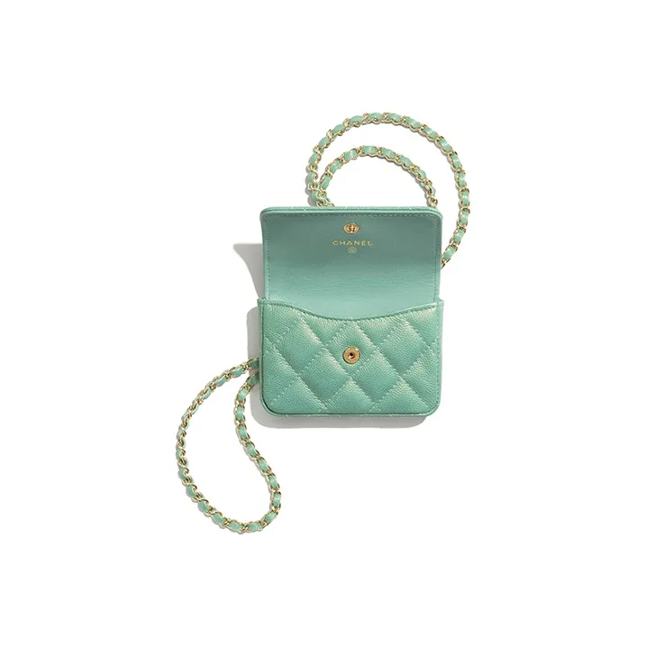 CHANEL Litchi Cow Leather Necklace Pouch Trumpets Women's Green-1