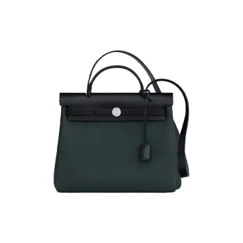 HERMES Herbag Zip Cowhide Patchwork Canvas Shoulder Bag Crossbody Bag Handbag Unisex Pine Green Multicolor