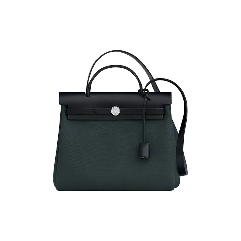 HERMES Herbag Zip Cowhide Patchwork Canvas Shoulder Bag Crossbody Bag Handbag Unisex Pine Green Multicolor-0