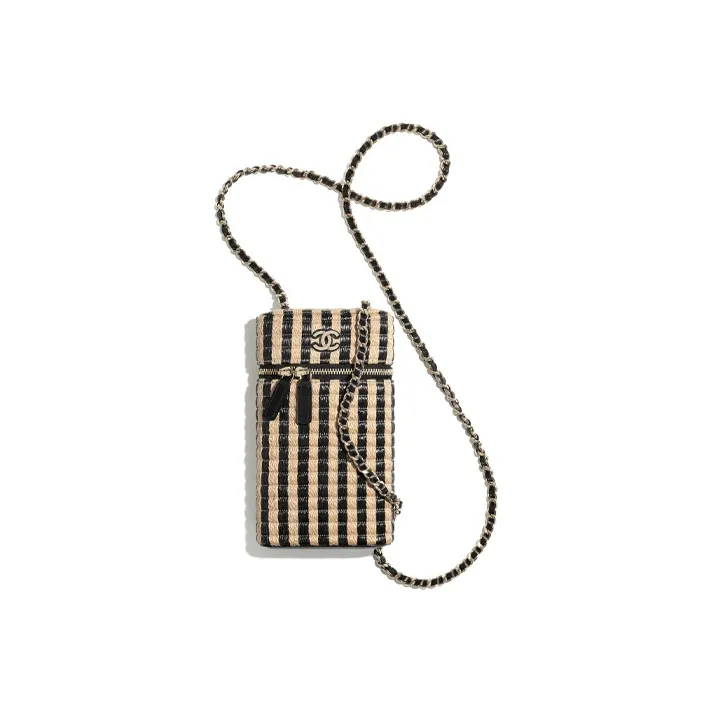 CHANEL Fiber & Yellow Jute Thread & Metal Chain Cell Phone Pouch Women's Black/Beige-1