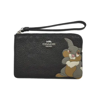 COACH Disney, Collaboration Corner Zip Pebbled Leather Pochette Clutch Wallet Wrist Bag Small Size Women's Black