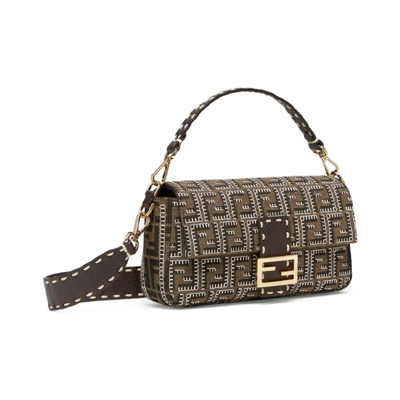 FENDI Baguette Jacquard Canvas With Leather Baguette Bag Portable Crossbody Bag Shoulder Bag Women's Brown-1