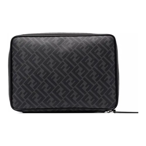 FENDI Coated Canvas With Leather Clutch Men's Black Gray Color