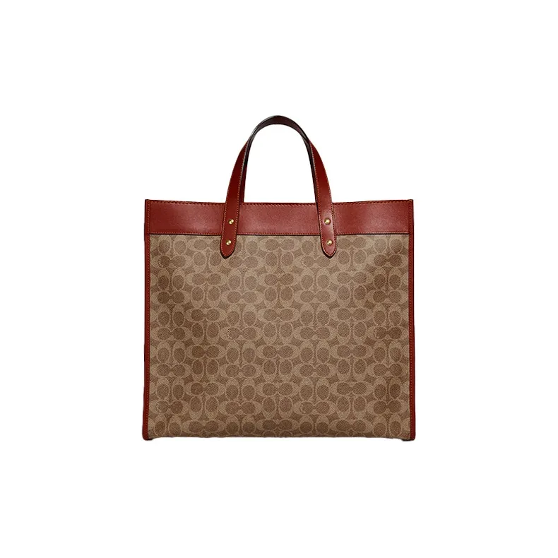 COACH Field Canvas Leather Tote Bag, Shopping Bag, Shoulder Bag, Crossbody Bag, Handbag Tubas Unisex Khaki & Brown-2