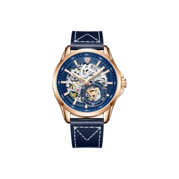 FAIRWHALE Pioneer Collection Men's Watch Mechanical Movement Genuine Leather Strap Watch Men's Watches Blue Dial