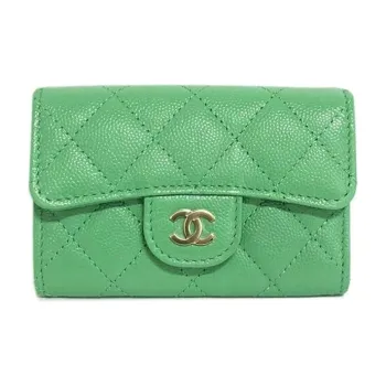 CHANEL Litchi Grain Cow Leather Card Holder, Wallet Women's Green