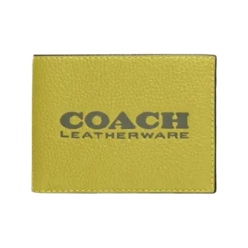 COACH Billfold Wallet Litchi Grain Leather Wallet Men's Neon Yellow