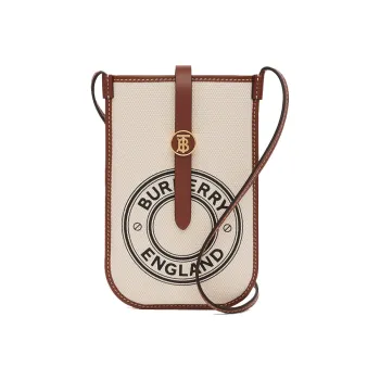 Burberry Vintage Cotton With Calfskin One Shoulder Crossbody Cell Phone Pouch Unisex White Tan Multicolor