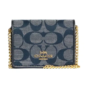 COACH Chain Chambray With Smooth Leather Chain Wallet Clutch, Shoulder Bag, Crossbody Bag Mini Women's Denim Blue