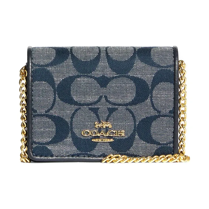 COACH Chambray With Smooth Leather Chain Wallet Clutch, Shoulder Bag, Crossbody Bag Mini Women's Denim Blue-4