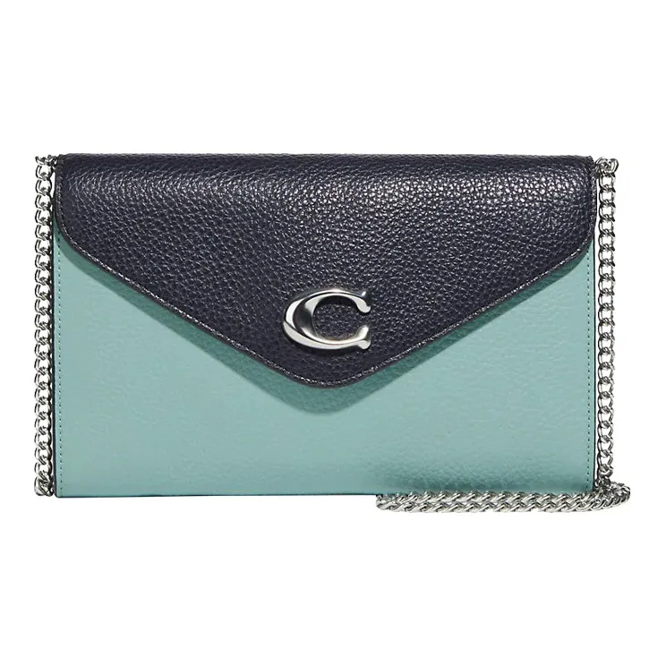 COACH Pebbled Leather Envelope Bag, Shoulder Bag, Crossbody Bag Medium Size Women's Black & Mint Green-0