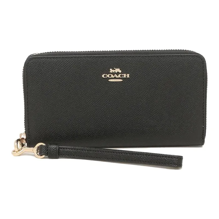 COACH Zip Around Leather Wallet Clutch Women's Black Gold-0