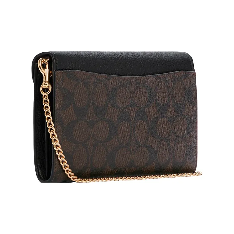 COACH Pebbled Leather Envelope Bag Crossbody Bags Small Size Women's Dark Brown Monogram & Black-2