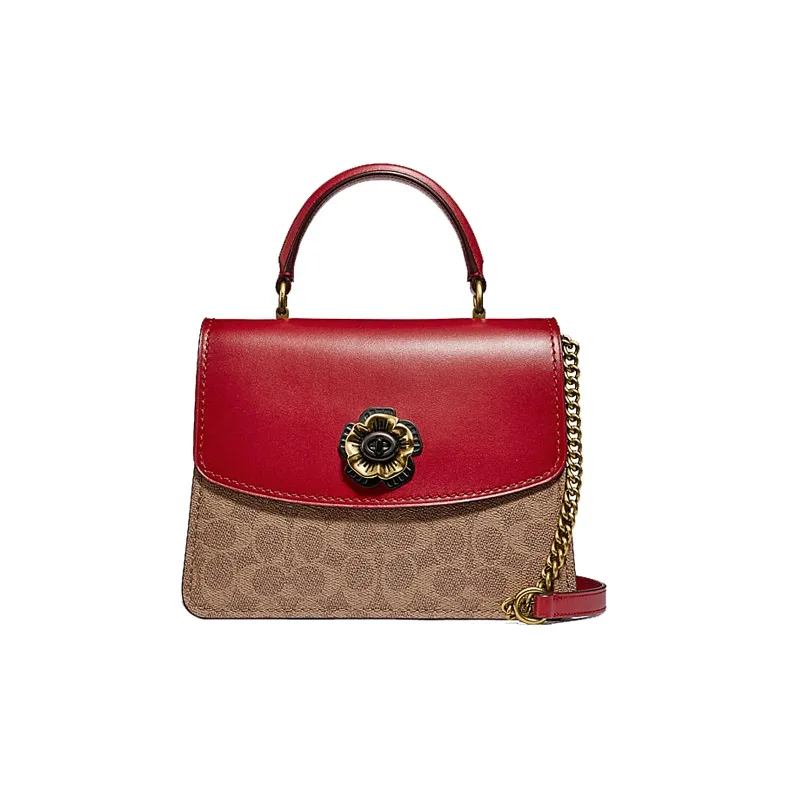 COACH Cowhide Patchwork Canvas Chain Bag, Shoulder Bag, Crossbody Bag Trumpets Women's Red Multicolor Monogram-0