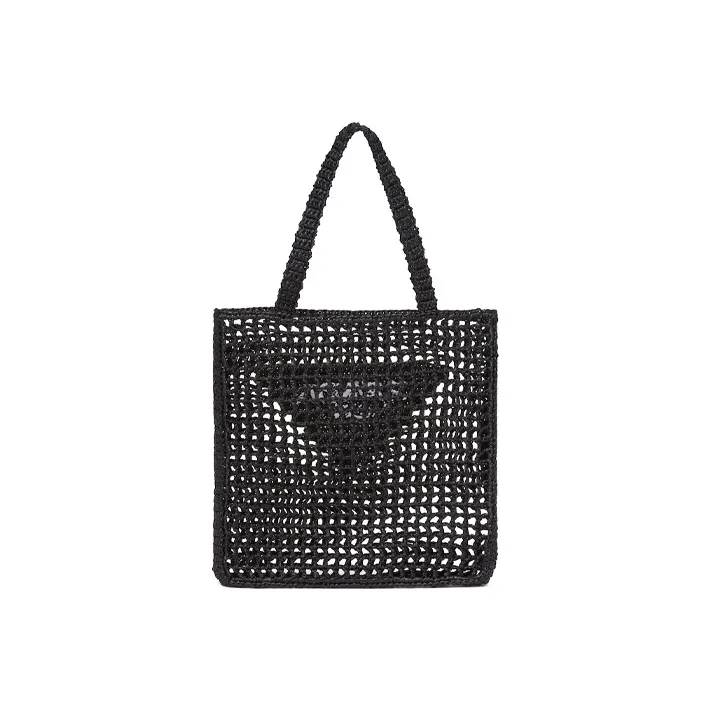 PRADA Raffia Fiber Tote Bag, Shopping Bag, Shoulder Bag, Handbag Women's Black-2