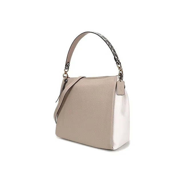 COACH Shay Pebbled Leather Travel Bag, One Shoulder Handbag Large Size Women's Milk Tea & White-2