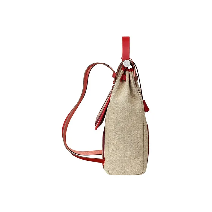 HERMES Herbag Zip Canvas With Leather Handbag Backpack Unisex Bordeaux Red/Light Taupe/Chili Red/Beige-2