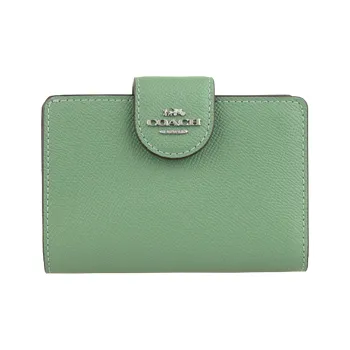 COACH Corner Zip Solid Color Cross Grain Leather Snap Closure Foldable Wallet Mini Women's Washed Green