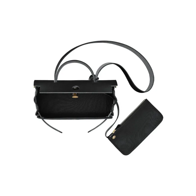 HERMES Herbag Zip Reversible Canvas With Cow Leather Handbag Shoulder Bag Crossbody Bag Regular Unisex Black-3