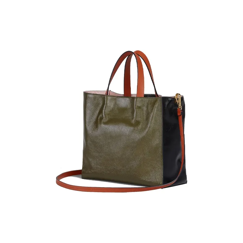 MARNI Calfskin Tote Bag, Shopping Bag, Shoulder Bag, Handbag Regular Women's Black/Orange-2
