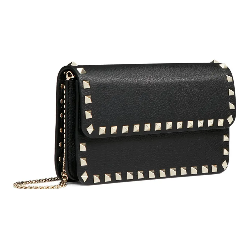 Valentino Rockstud Grained Calfskin Messenger Bag Shoulder Bag Crossbody Bag Clutches Small Size Women's Black-1