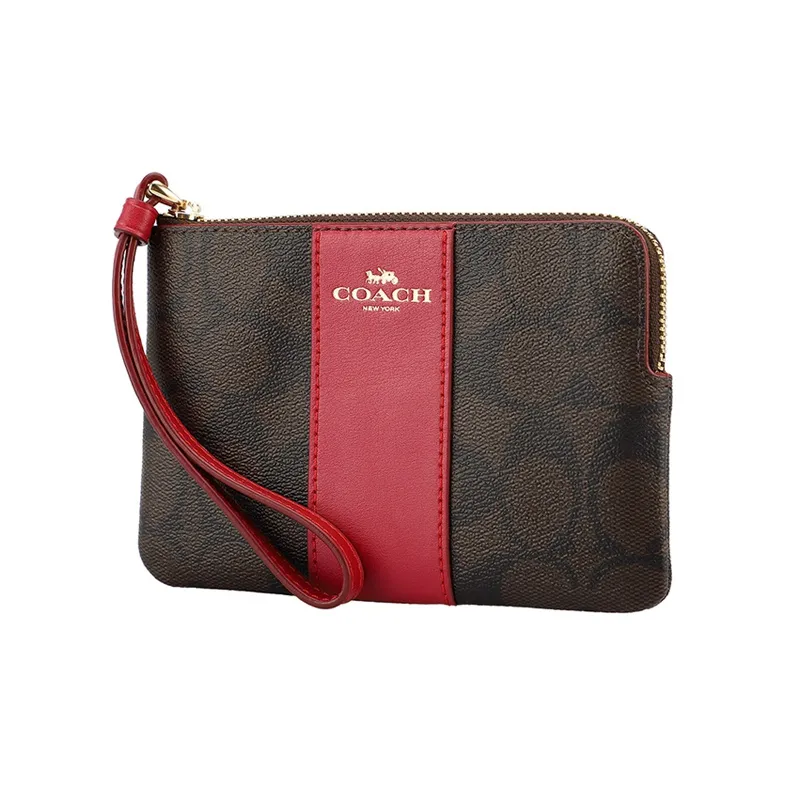 COACH Canvas With Leather Clutch Coin Purse Wrist Bag Women's Brown & Red-1