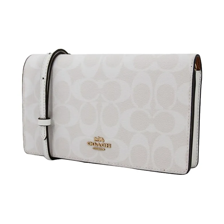 COACH Anna Canvas With Leather Flap Bag One Shoulder Handbag Crossbody Bag Women's Glacier White-1