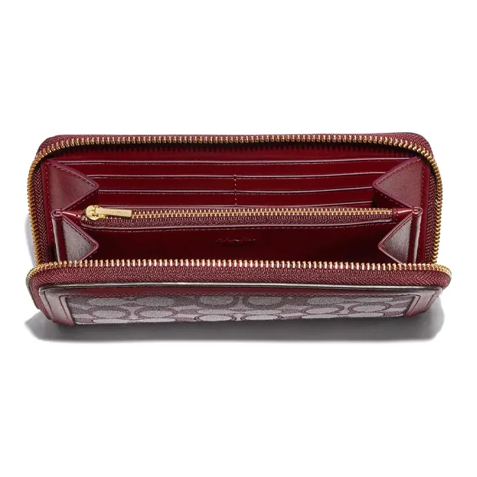 COACH Accordion Zip Jacquard Fabric With Solid Color Calfskin Clutches Wallets Small Size Women's Burgundy Black Peach-1