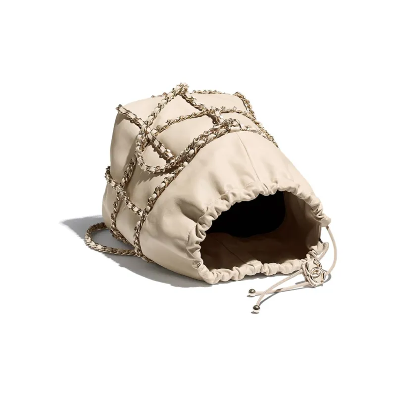 CHANEL Drawstring Lambskin Bucket Bag, Portable Crossbody Bag, Shoulder Bag Women's Beige-3
