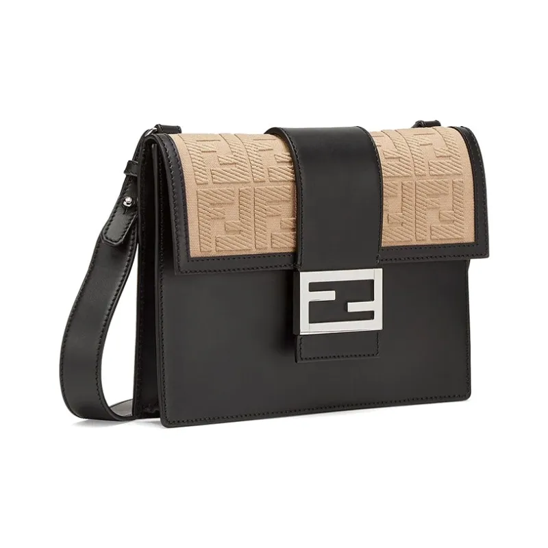 FENDI Baguette Canvas With Leather Baguette Bag, Shoulder Bag, Crossbody Bag Medium Size Men's Black/Beige-1