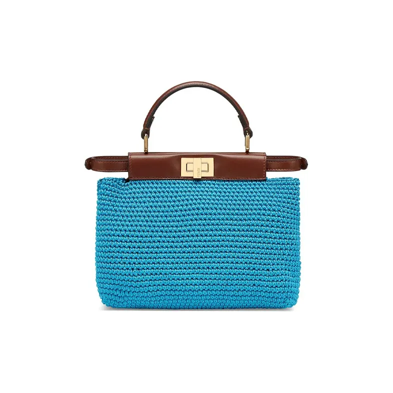 FENDI Peekaboo Fabric With Leather Shoulder Bag, Crossbody Bag, Handbag Mini Women's Blue-2