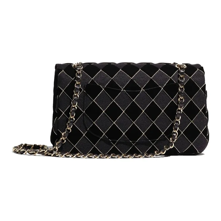 CHANEL Classic Flap CF Velour Metal Shoulder Bag, Crossbody Bag Women's Black/Gray-1