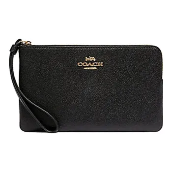 COACH Corner Zip Leather Wrist Bags Clutches Large Size Women's Black
