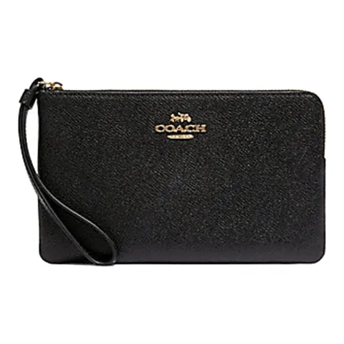 COACH Corner Zip Leather Wrist Bags Clutches Large Size Women's Black