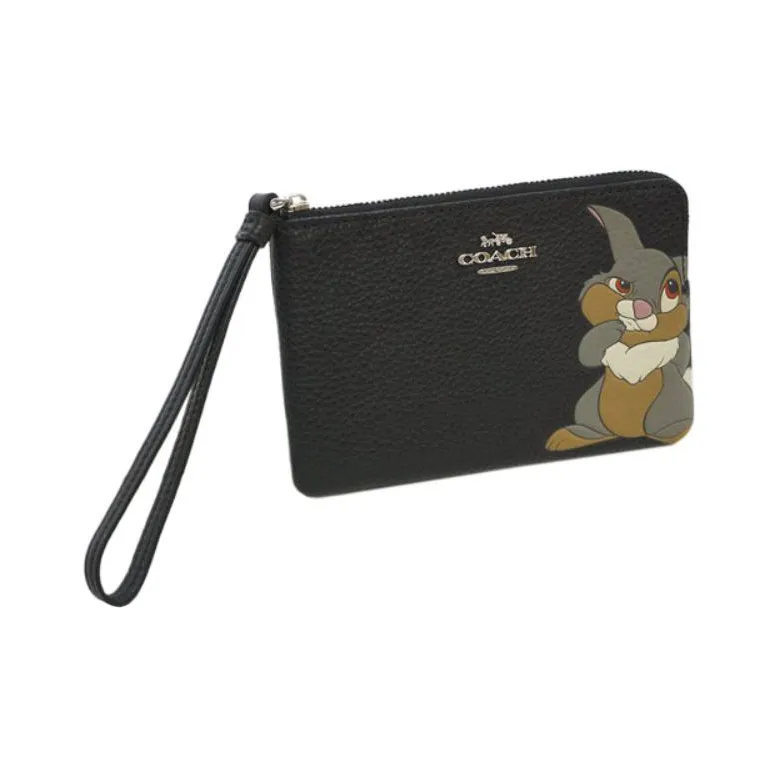 COACH Disney, Collaboration Corner Zip Pebbled Leather Pochette Clutch Wallet Wrist Bag Small Size Women's Black-1
