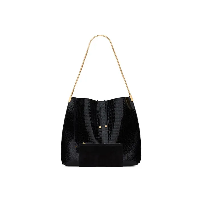 SAINT LAURENT Crocodile Pattern Stamped Leather Hobo Bag Shoulder Bag Crossbody Bag Medium Size Women's Black-2