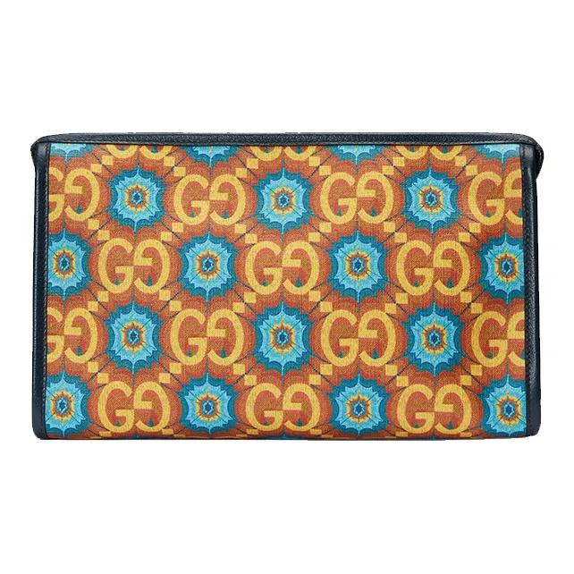 GUCCI Canvas With Leather Clutch Unisex Orange & Dark Blue-3