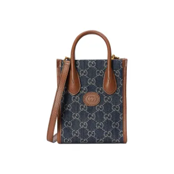 GUCCI Leather Tote Bag Shopping Bag Handbag Shoulder Bag Crossbody Bag Mini Unisex Blue/Brown