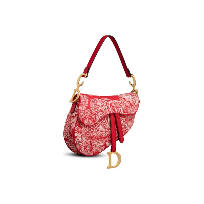 DIOR Saddle Jacquard Fabric One Shoulder Handbags Women's Red & Eggplant Purple-2