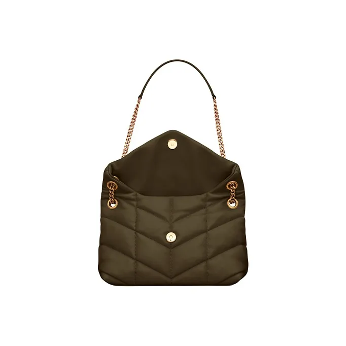 SAINT LAURENT PUFFERLOULOU Quilting Lambskin Chain Shoulder Bag Crossbody Bag Small Size Women's Silver Lotus Green-3